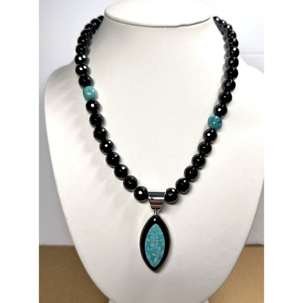 Jay King Black Chalcedony & Turquoise Necklace Mosaic Pendant Sterling Silver - Picture 2 of 11